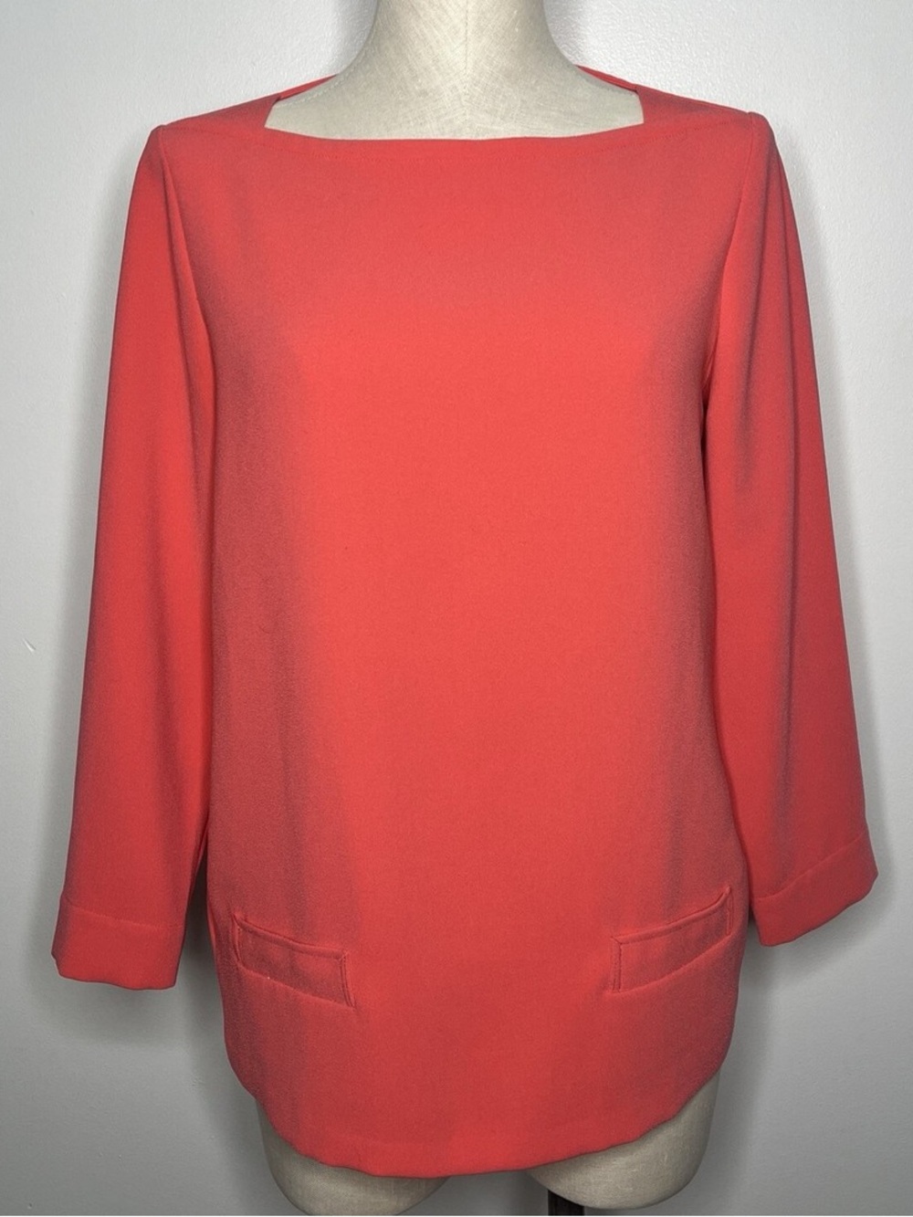 Brand New Loft Boat Neck Neon Coral Three Quarters Sleeve Faux Pockets Tunic
